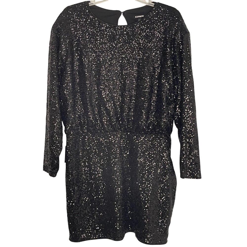 Express XL Black Sequin Long Sleeve Mini Dress Crew Neck Keyhole Back Holiday